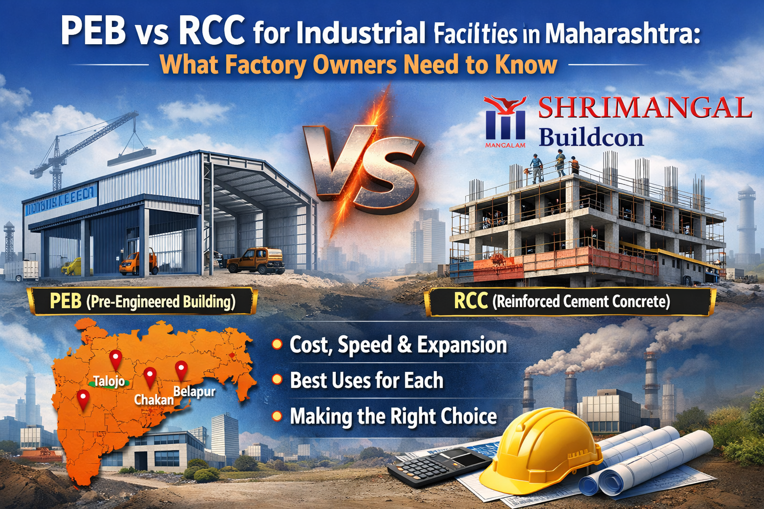 PEB vs RCC industrial construction comparison in Maharashtra showing warehouse steel structure and RCC building with cost, speed, and expansion differences