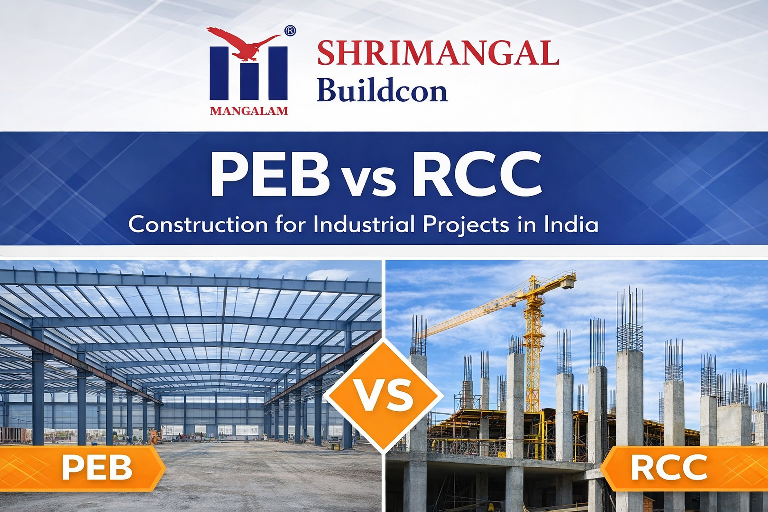 PEB vs RCC construction comparison showing steel structure warehouse and reinforced concrete building for industrial projects in India